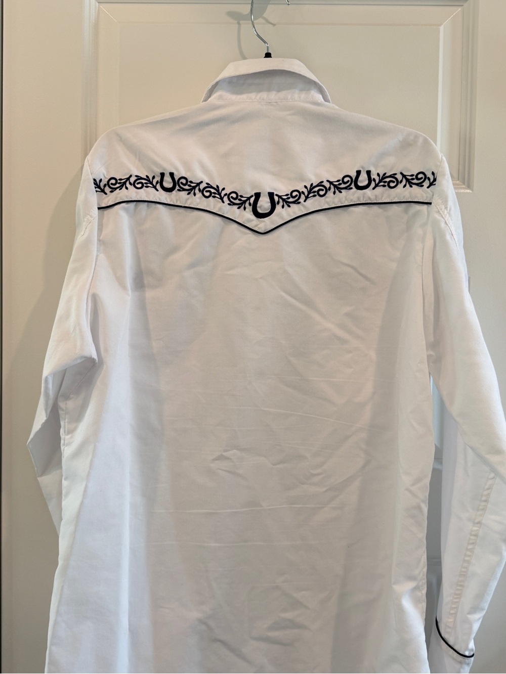 Ranger's Charro White Shirt with Dark Blue Floral Embroidery Button Down sz L - Picture 11 of 12